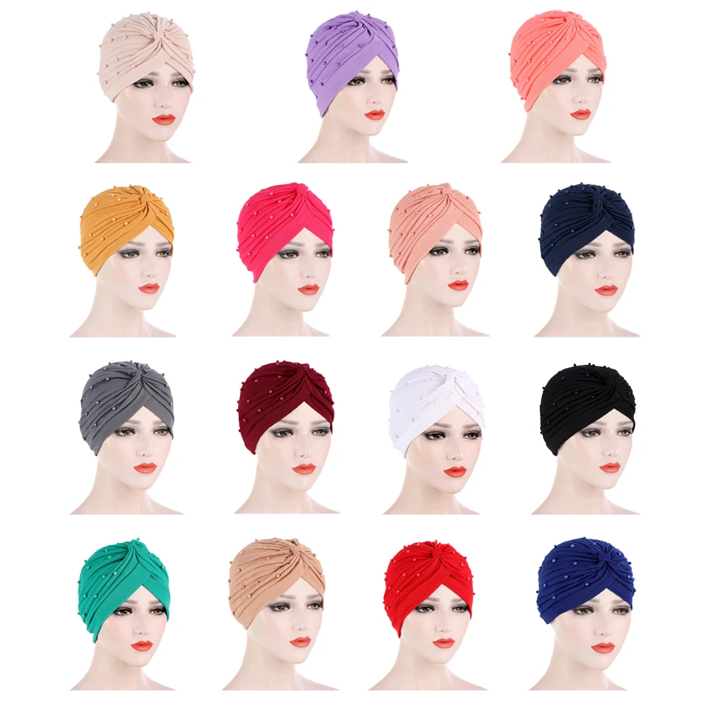 Muslim Women Indian Hat Turban Ruffle Pleated Beads Beanies Skullies Hair Loss Hat Head Wear Head Wrap Chemo Cancer Accessories