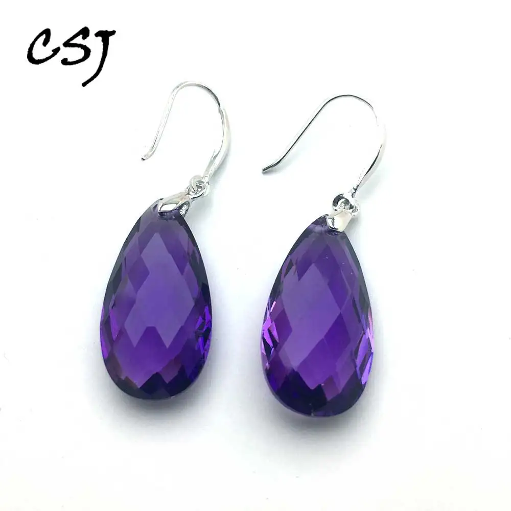 CSJ  Amethyst Earring Sterling 925 Silver natural gemstone 28Ct checkboard pear cut Fine Jewelry For Women Lady Gift