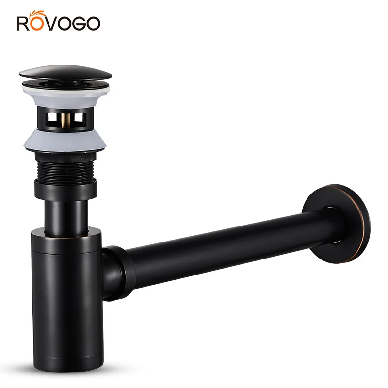 ROVOGO Bathroom Sink Stopper P-Trap Adjustable Bottle Trap, Solid Brass Sink Drain Kit Tube with Pop Up Drain Stopper Black