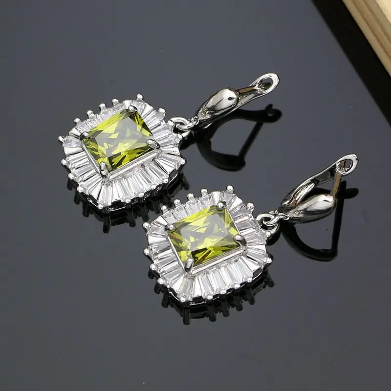 Handmade Square Olive Green CZ Fashion Earrings 925 Sterling Silver Earring For Bridal Decoration Gift Set Dropshipping