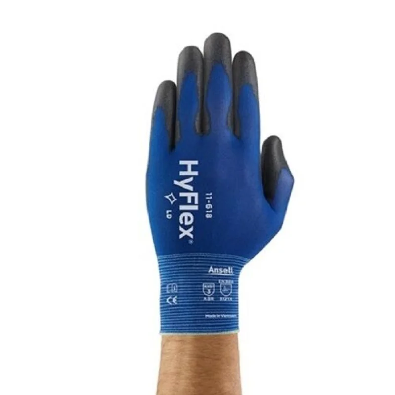 Imagem -03 - Hyflex Ansell®palma Revestida por pu Preto Luvas Universais com Forro de Nylon Azul Escuro 11618 Par