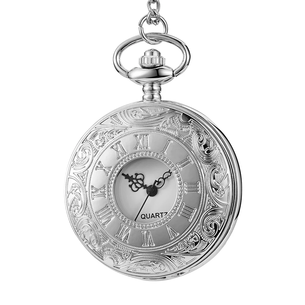 Fashion Hot Pocket Watch Classic Glossy Retro Antique Neutral Bronze Chain Necklace Silver Clock Watches Best Gift For Women Men