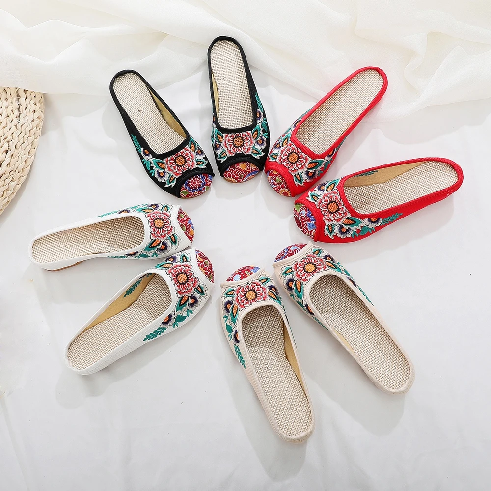 Veowalk Sunflower Embroidered Women\'s Canvas Slides Summer Ladies Comfort Cotton Embroidery Flat Slippers Shoes Sandial Mujer