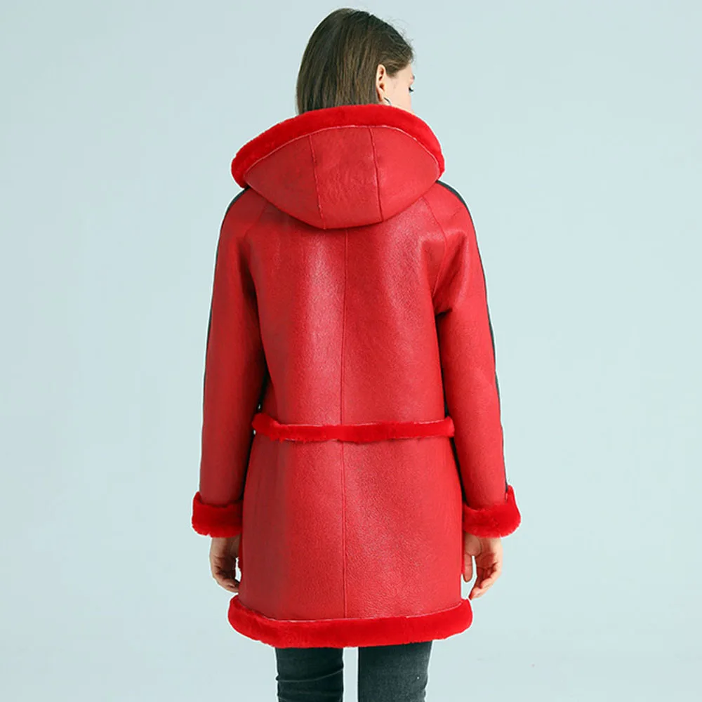 Hooded Long Real Fur Coat For Women Thicken Warm Red Sheepskin Shearling Clothing Long Genuine Leather Outerwear