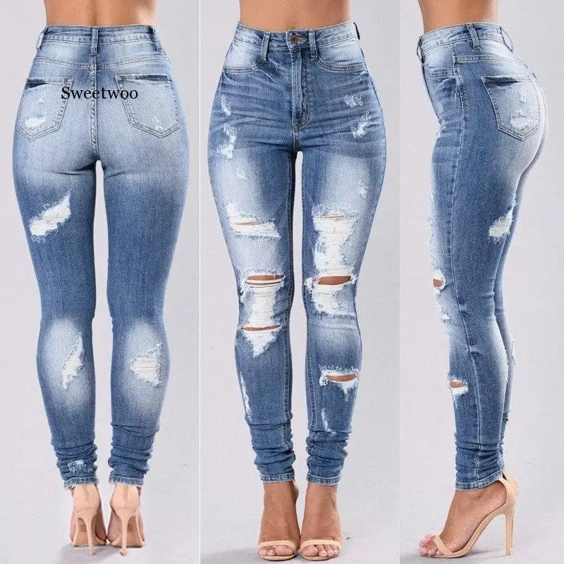 

High Waist Women Slim Hole Ripped Denim Jeans Casual Stretch Skinny Trousers Jeans