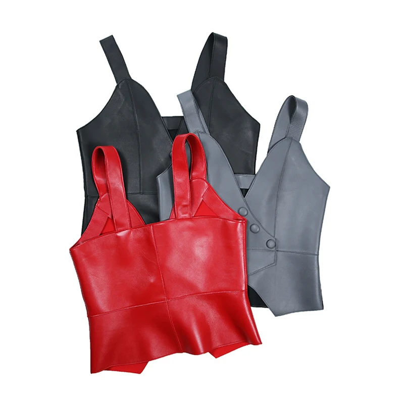 Chic Leather Sexy Sling Vest Women Harajuku V-neck Slim Sleeveless Feminial Red/Grey Real Sheekskin Cropped Top Waistcoat