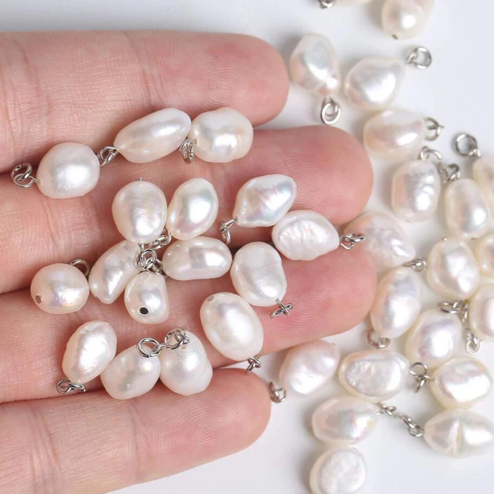 Aço inoxidável Natural Pearl Charme para fazer jóias, conclusões do grânulo, DIY pulseira e colar, atacado, 10 pçs/lote