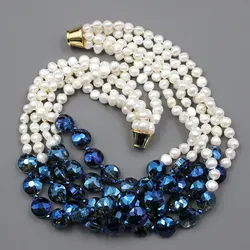 GuaiGuai Jewelry 5 Rows Natural White Keshi Potato Pearl Coin Blue Glass Crytal Necklace Handmade For Lady