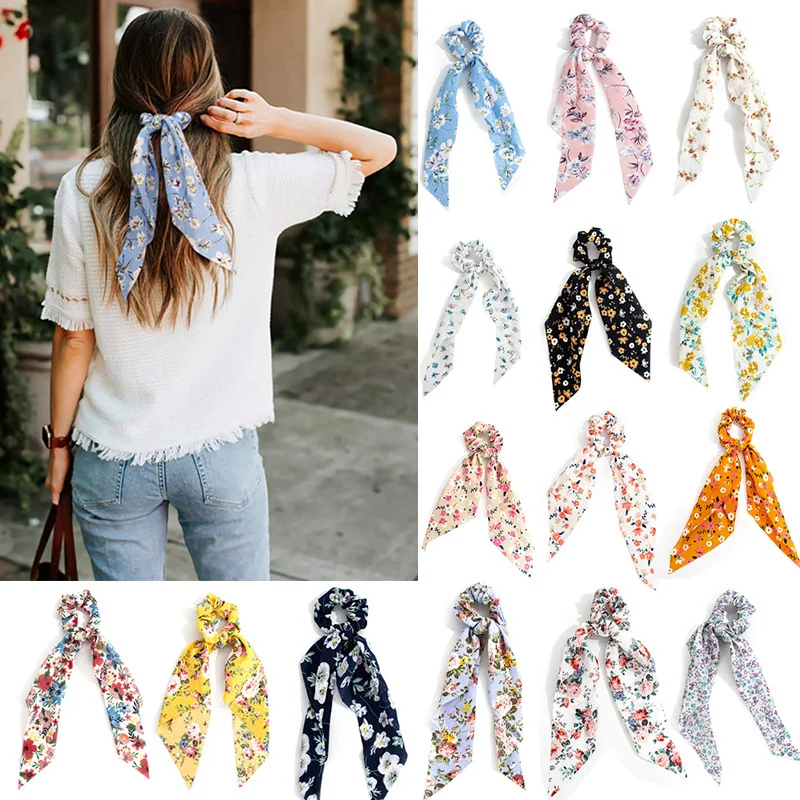 37Style Floral Printing Ribbon Elastic Hair Bands Bow Tie Scrunchies For Women New Long Scarf Chiffon Headbands Hair Accessories