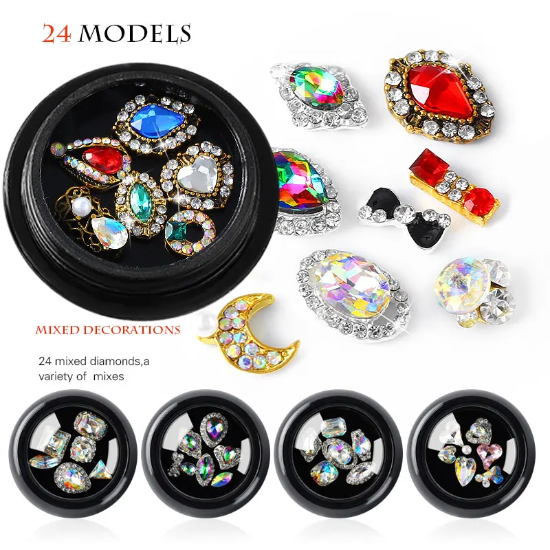 6Pcs/Box Nail Art Irregular Alloy Jewelry DIY Nail Decoration Charms Rhinestone Bow 24 Type Diamond Mixed Design Nails Accessory