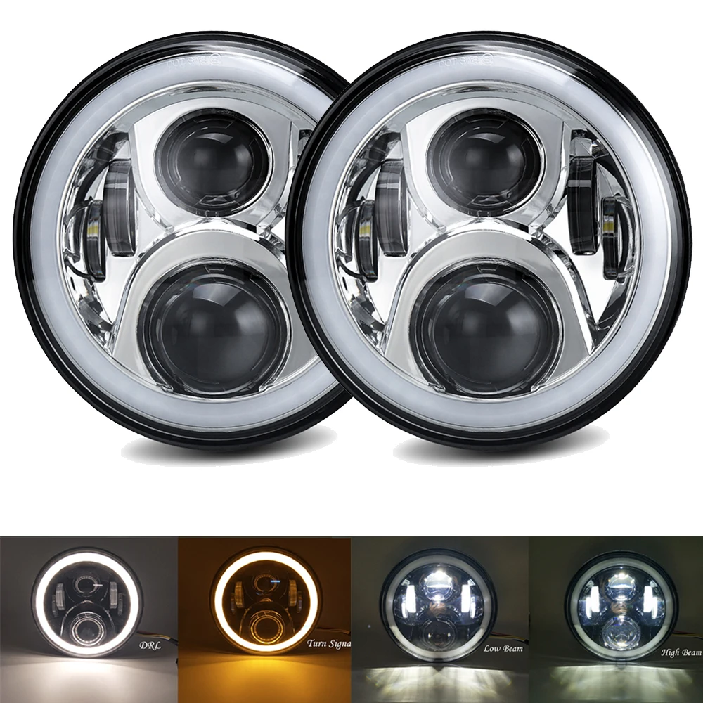 2Pcs Car Led Headlight Off Road Car Led Lamp H4 7inch H4 Led Headlight Angel Eyes Car Accessories For Lada Niva 4X4 UAZ Hunter