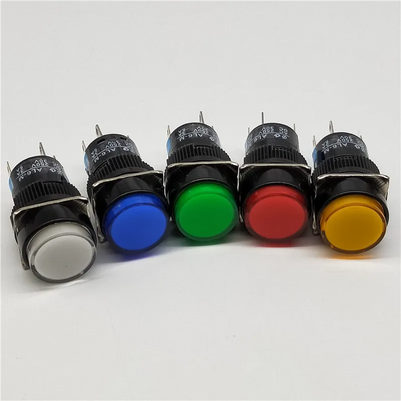 16mm DC 6V 12V 24V 220V LED Push Button Switch Blue Green Red Yellow White lamp Self lock / self reset push button