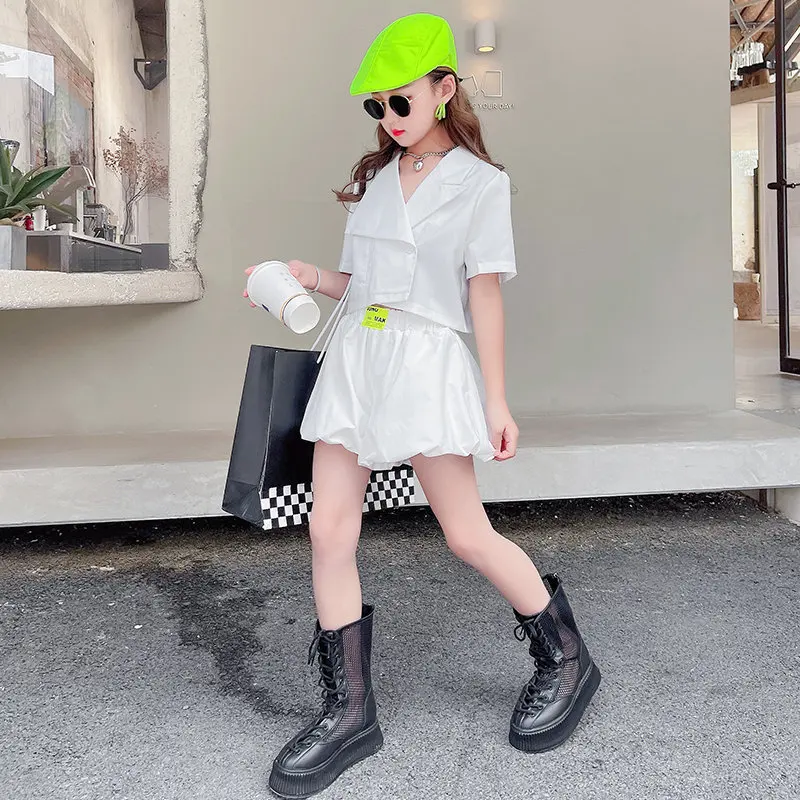 Fashion Teen Girls Suit Sets 2025 High Quality Blazer Jacket And Shorts Two Pieces Black White Color Summer Children\'s Costumes