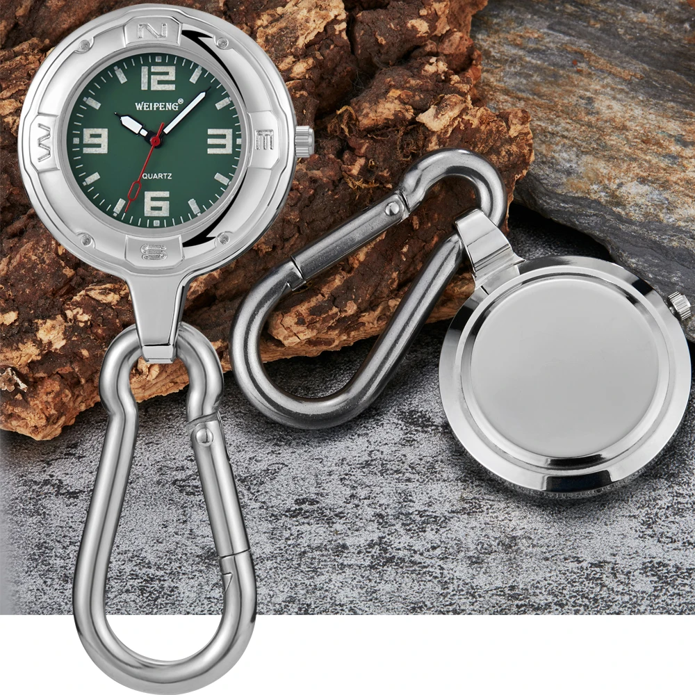 

Hook Clip Silver Quartz Pocket Watch Luminous Hands Carabiner For Climbers Easy To Carry Smooth Round Dial Outdoor Watch