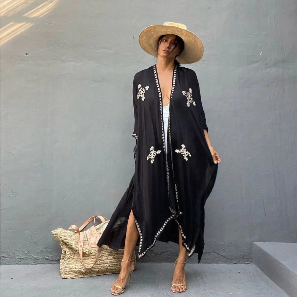 Summer Embroidery Beach Dress Loose Bat Sleeve Bandage Long Coverups Swimwear Kimono Vestido De Playa Swim Cover Up for Women