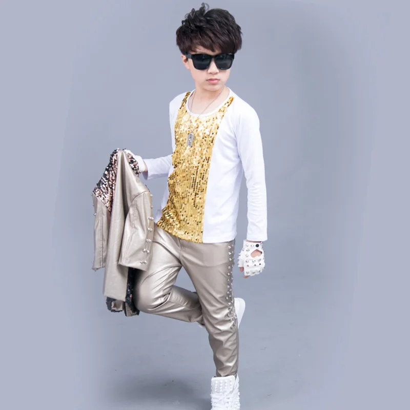 Jazz Costumes Mid Sleeve Sequin Jacket Boys Street Dance Stage Outfit Kids Hip Hop Clothes Child Drum Performance Wear DNV11840