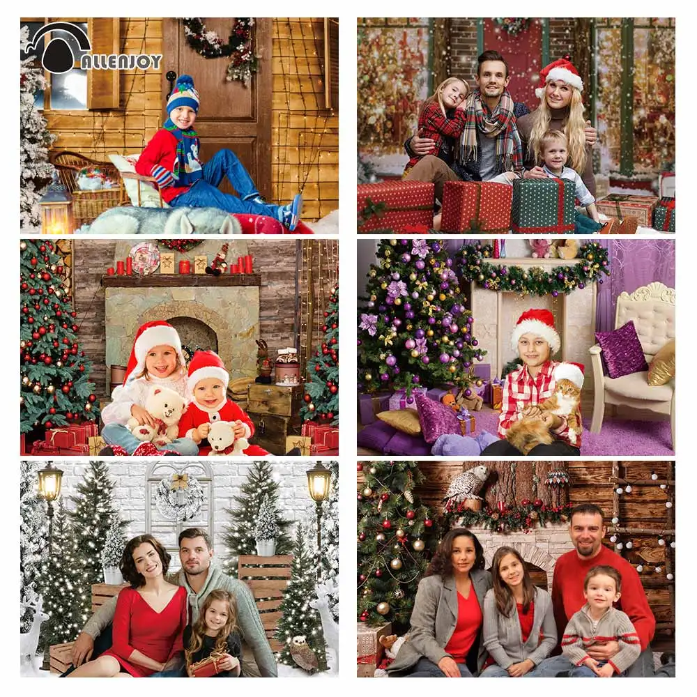 Allenjoy Christmas Fireplace Photophone Wreath Tree White Snow Winter Family Decor Photography Backdrop Photo Studio Background