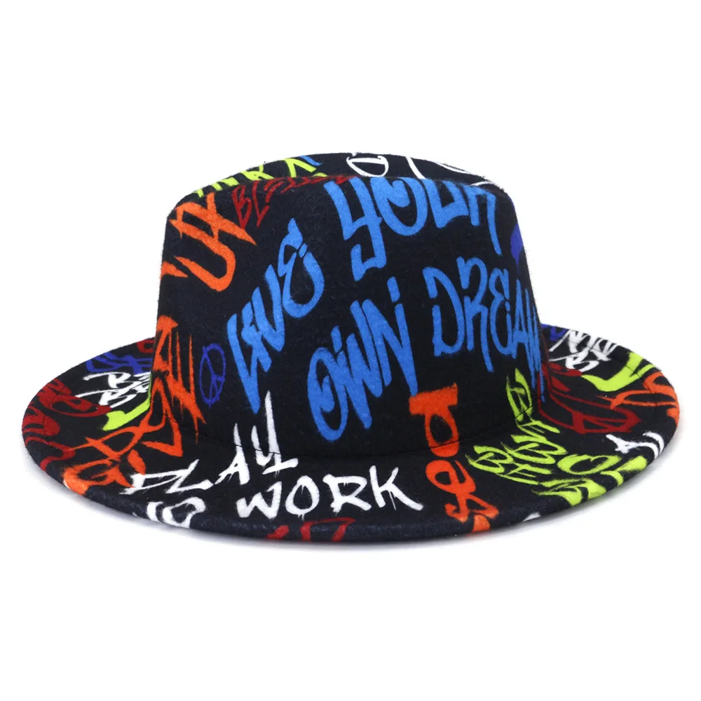 Tie-dye fedora hat wholesale autumn and winter graffiti letters monochrome hat unisex hand-painted felt winter hat шляпа женская