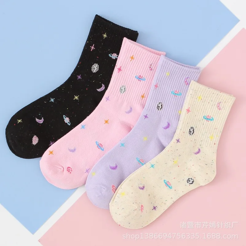 Fashion woman funny planet moon space pattern woman cotton socks meia korean female style fun colorful girl long socks