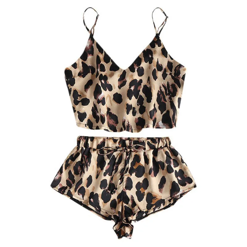 Women Leopard Print Silk Pajama Sexy Satin Lingerie Lace Shorts Set Underwear Sleepwear Femme Babydoll Nightwear Pajamas Set