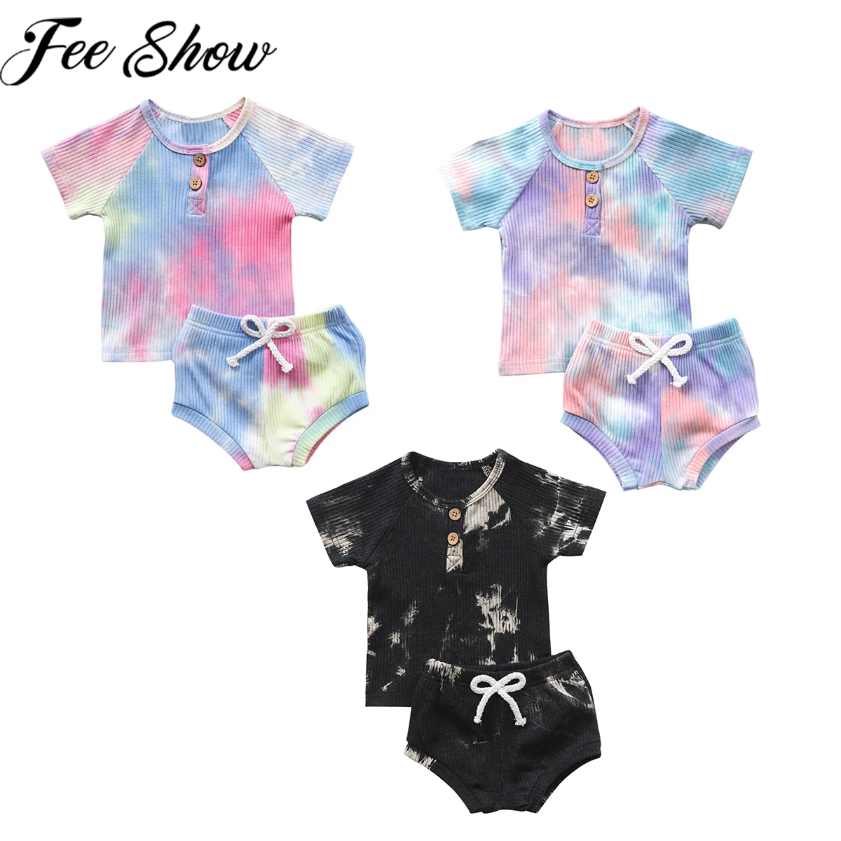 Summer 1-3Y Newborn Baby Girls Boys Clothes Sets Ribbed Knitted Short Sleeve Tie Dye Print T-shirt Tops+Shorts Tracksuits Set