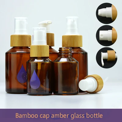 50pcs 30ml 60ml luxury amber glass cosmetic bottle with bamboo pump for lotion bamboo spray mist cap perfume glass spray bottle