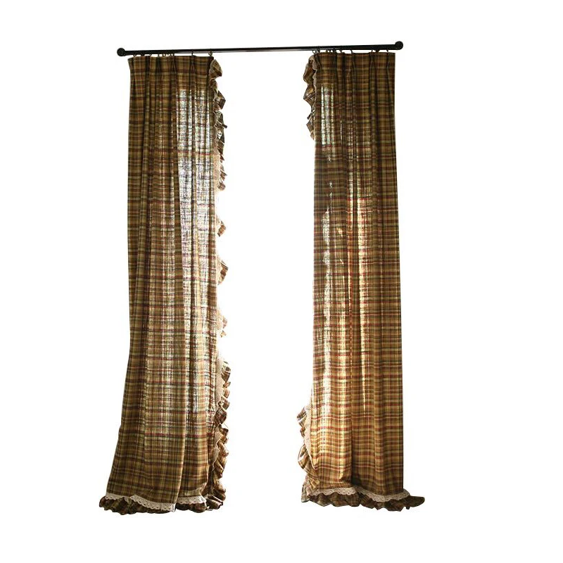 High end Natural Linen Lattice Curtains,Rural Cotton Hemp Curtain, Semi-Blackout Ruffle Plaid Cortinas for Living Room Bedroom