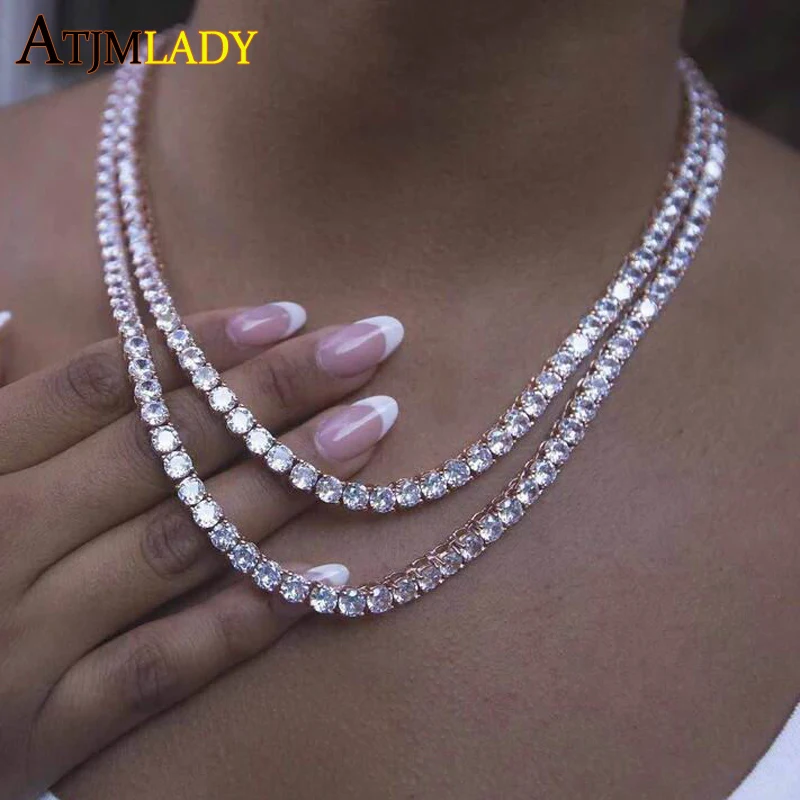 Pink White Iced Out 5A CZ 5mm Tennis Chain Necklace Two Tone Color Women Fashion Choker Bling Cubic Zirconia Hip Hop Jewelry