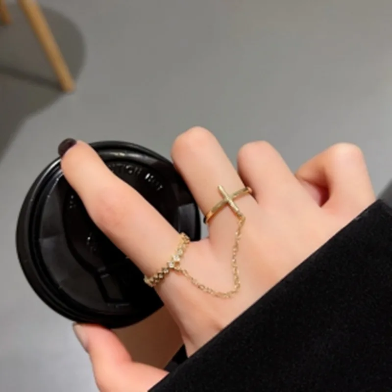 Fashion Punk Chain Double Ring Set Teens Hip Hop Open Ring Metal Silver Color Chain Geometric Cross Party Jewlery Gifts