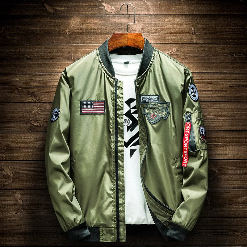 Army Green Bomber Jacket Men Fashion American Flag Patch Designs Pilot Jacket Ribbons Zipper Pocket Baseball Uniform Male Coat