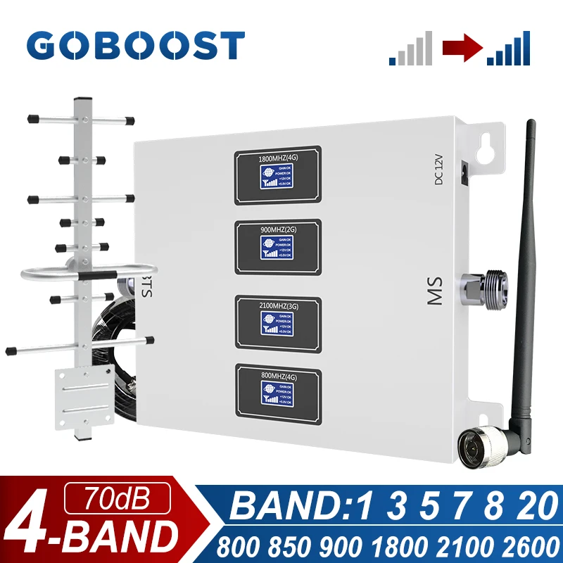 GOBOOST 70dB Four-Band Cellular Amplifier 2G+3G+4G Signal Repeater 800+850+900+1800+2100+2600MHz Network Booster Antenna Kit