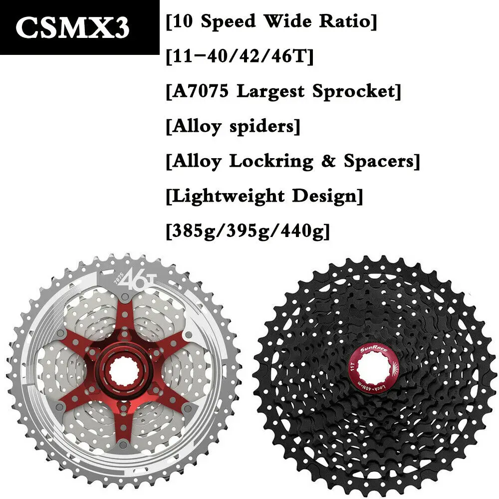 SunRace 10 Speed Bicycle Freewheel 11-40T 11-42T 11-46T Wide Ratio Mountain Bike Cassette Tool Flywheel CSMS3 CSMX3