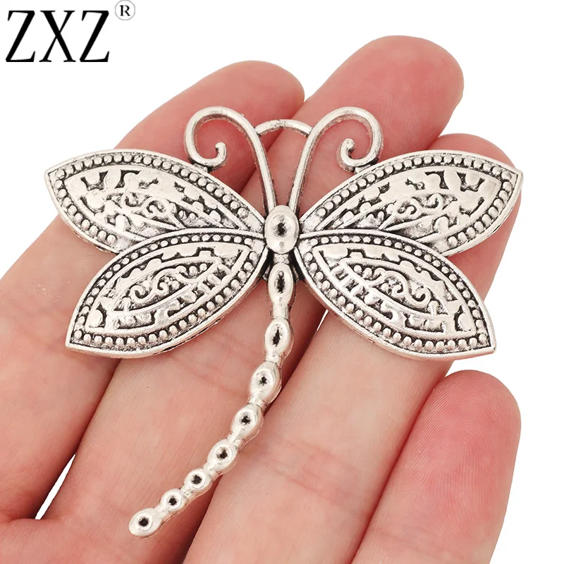 

ZXZ 5pcs Tibetan Silver Large Carved Dragonfly Insect Charms Pendants for Necklace Jewelry Making Findings 60x55mm