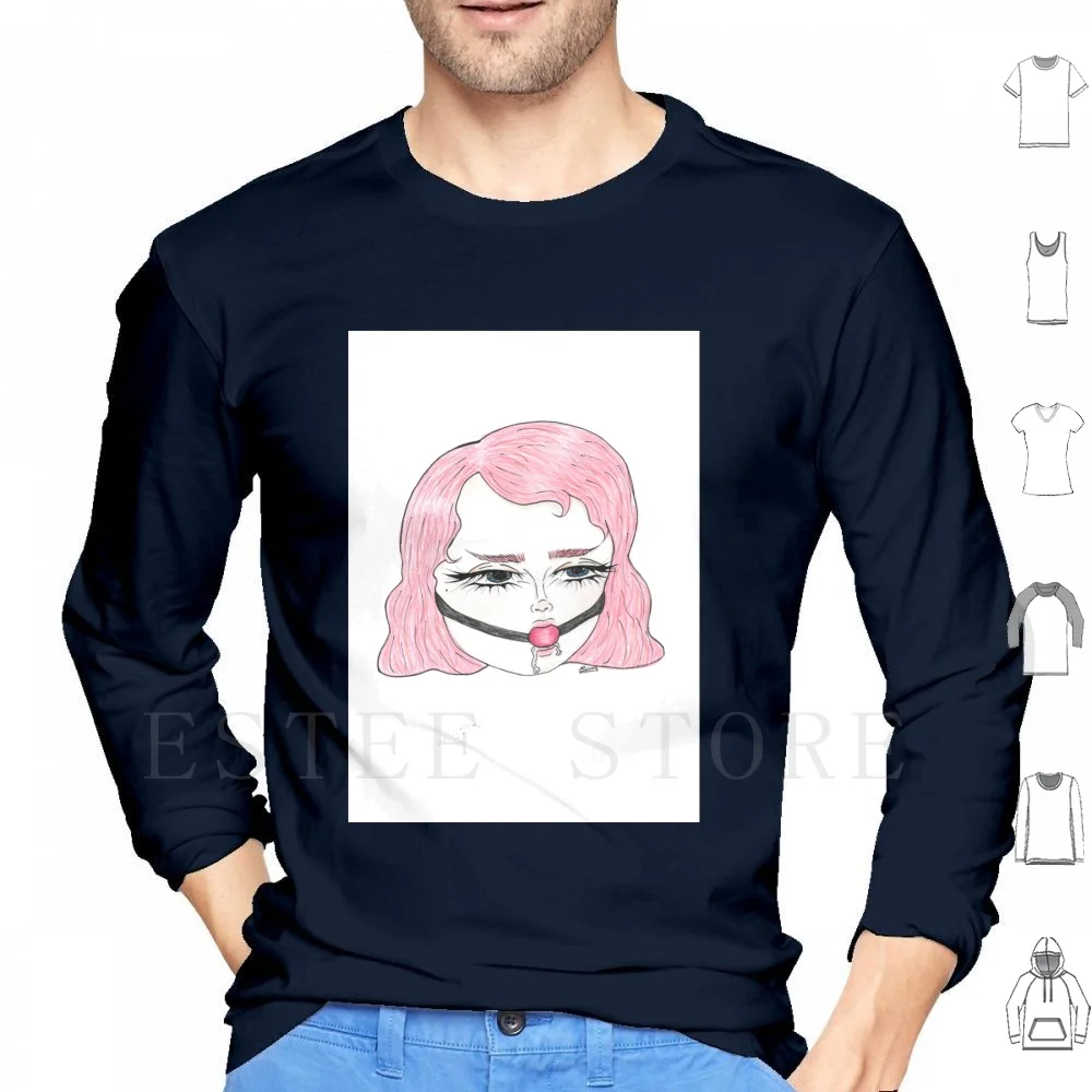 Lizzie Hoodies Long Sleeve Pink Hair Pink Ball Gag Gag Bds Bondage Fetish Girls Color Sketch Portrait