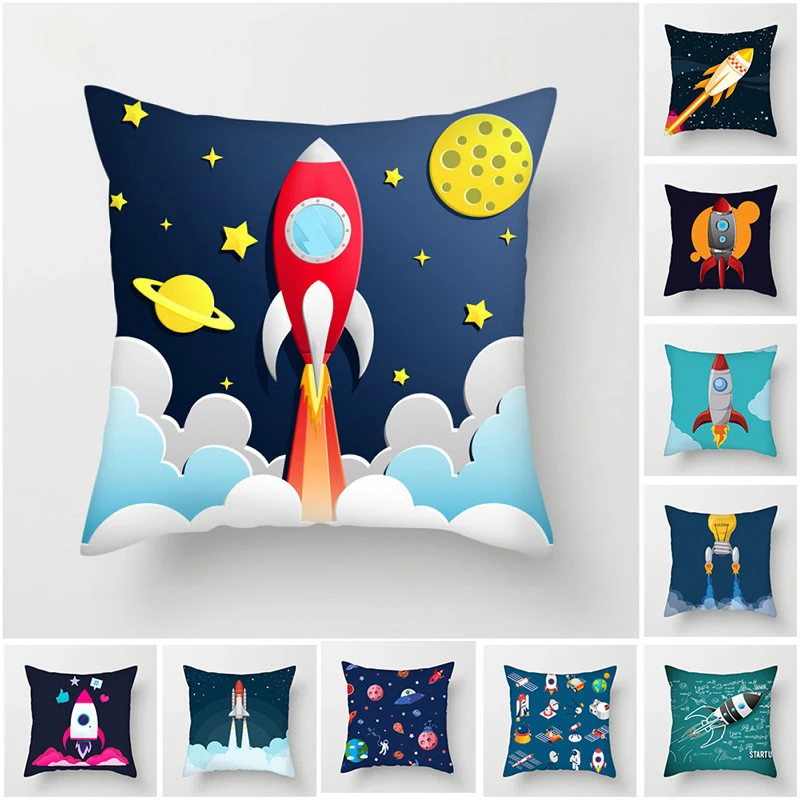 

Cartoon Spacecraft Cushion Cover Astronaut Rocket Pillow Cover for Home Chair Outer Space Decorative Pillows 45*45cm Unique .