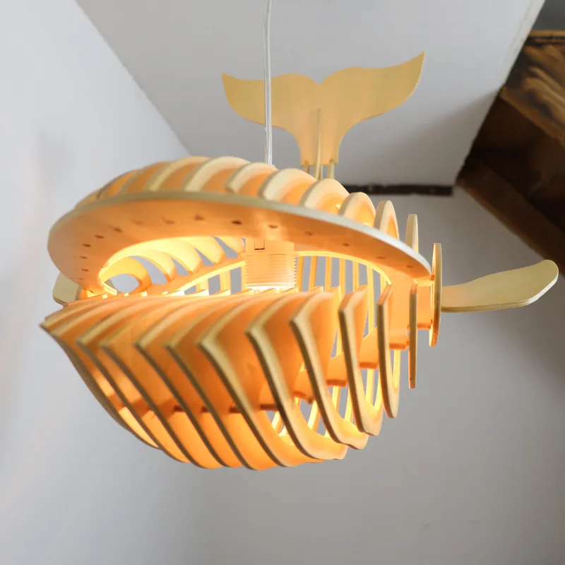 Big Wooden Fish Pendant Lamp E27 Wood Whale Hanging Light Chanderlier  Fish Light for Kids Room Japanese Sushi Bar Lighting