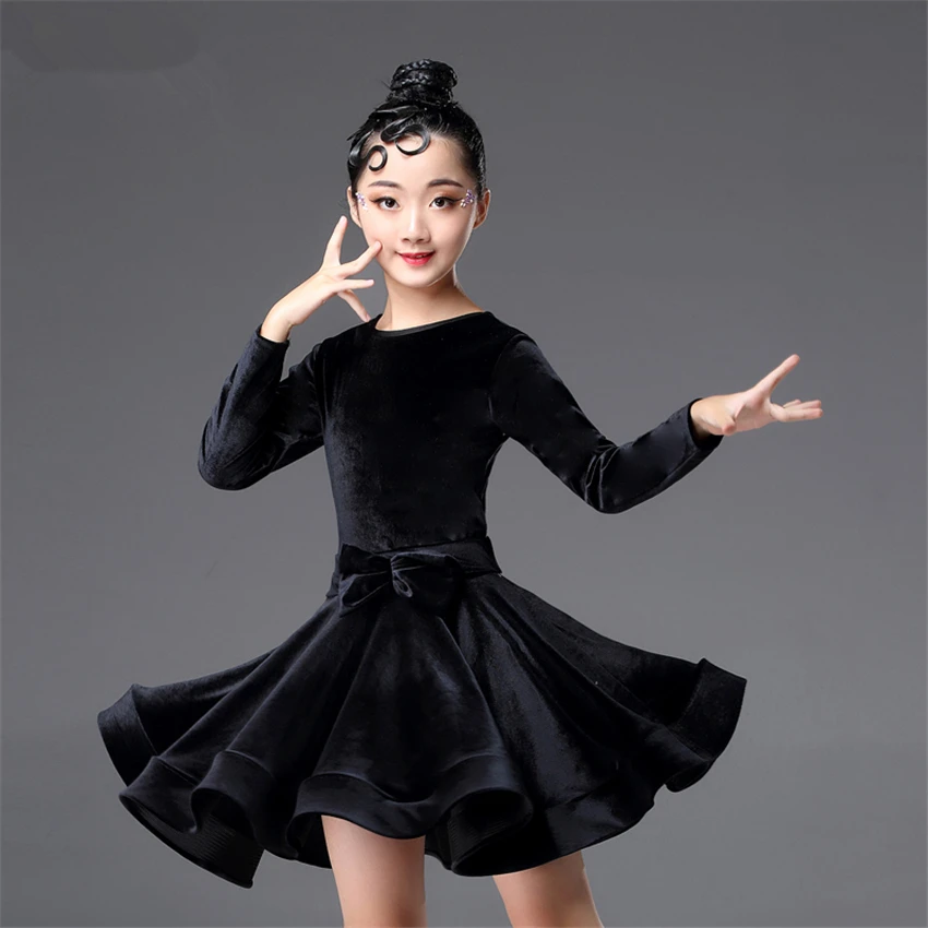 Latin Dance Kids Dresses for Girls Long Sleeve Dress Velvet Ballroom Competition Party Stage Performance Practice Costumes