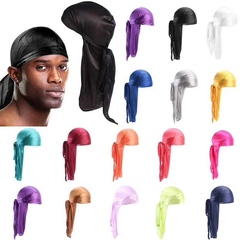 

Унисекс Durag длинные головные уборы искусственный шелк, атлас дышащий тюрбан шляпы парики шелковистая Кепка Chemo Pirate Hat 1 шт.