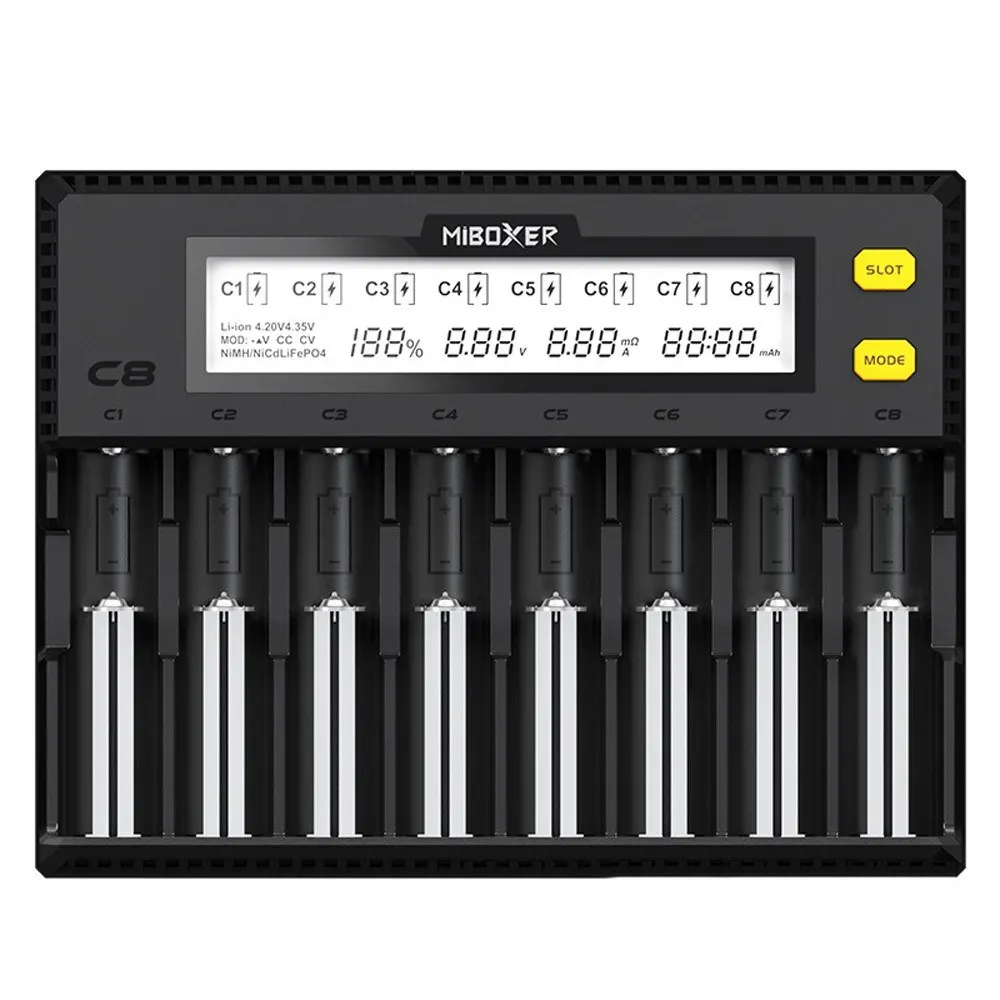 MiBOXER C8 Intelligent Universal 1.5A 8 Bay LCD Display Battery Charger for 18650 Li-ion LiFePO4 Ni-MH Ni-Cd