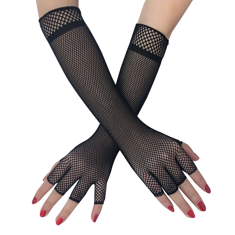 Women Sexy Mesh Gloves Fishnet Elbow Glove Lady Hollow Out Holes Half-Finger Gloves Disco Dance Costume Punk Goth Fishnet Glove