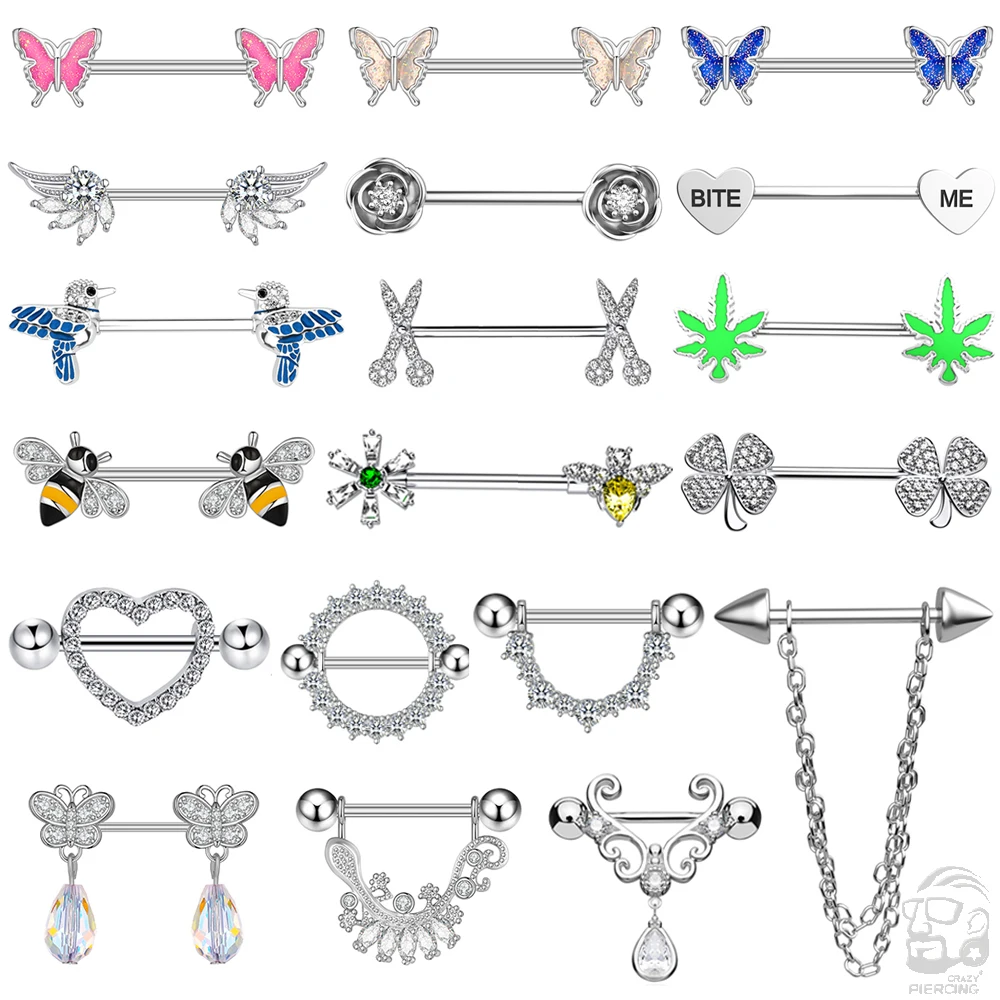 2pcs Cute Nipple Piercings Barbell Stainless Steel Crystal Nipple Shield Cover Heart Flower Nipple Rings Jewelry Body 1.6mm*16mm