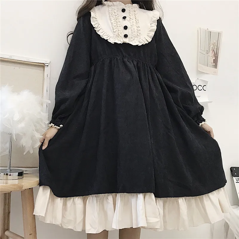 Japanese Lolita Style Women'S Dresses Spring Autumn O-Neck High Waist Slimming Contrast-Color Ruffled Sweet Dress Kawaii Clothes