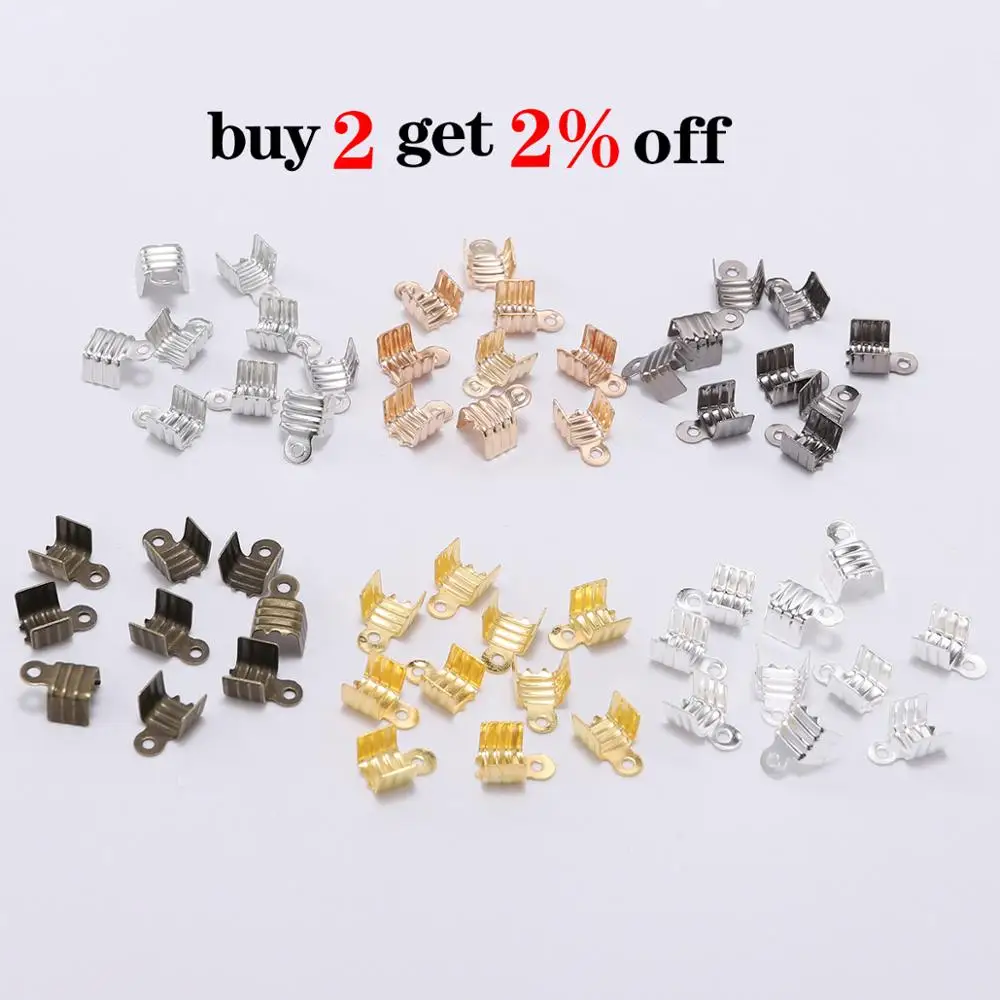 200pcs Gold Color Small Cord End Tip Fold Over Three-wire Clasp Crimp Bead Cord Buckle Connector For Jewelry Making Supplies DIY