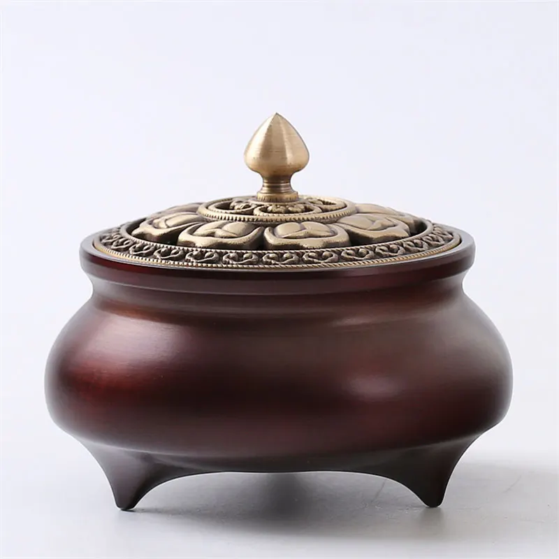 Three-foot Copper Incense Burner Hollow Petals Lid Carved Censer Brass Antique Sandalwood Burner Home Buddha Bronze Decoration