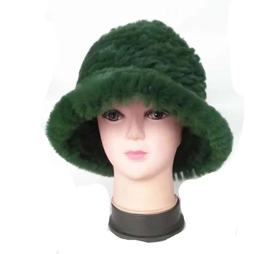 Green fur hat of genuine rex rabbit fur winter warm knitted women fur hats green cap new design  H175