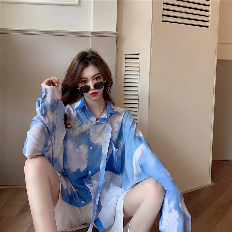 Korean Summer Harajuku Vintage Tie-dye Blouses Shirt Sky Clouds Printing Full Sleeve Streetwear Casual Loose Blouses Shirt