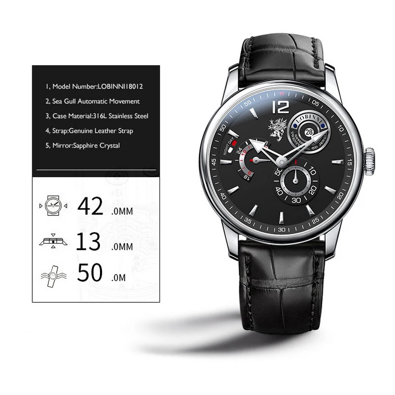 Lovinni-メンズ高級自動巻き時計,機械式腕時計,耐水性,サファイア,スイス,レザーストラップ,ファッション