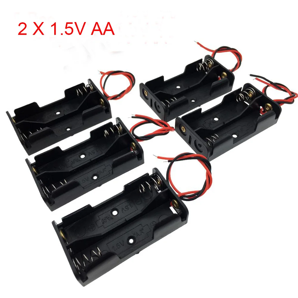 5Pcs 2 x 1.5V AA Battery Holder AA Battery Case Battery Box Black  Wire Leads