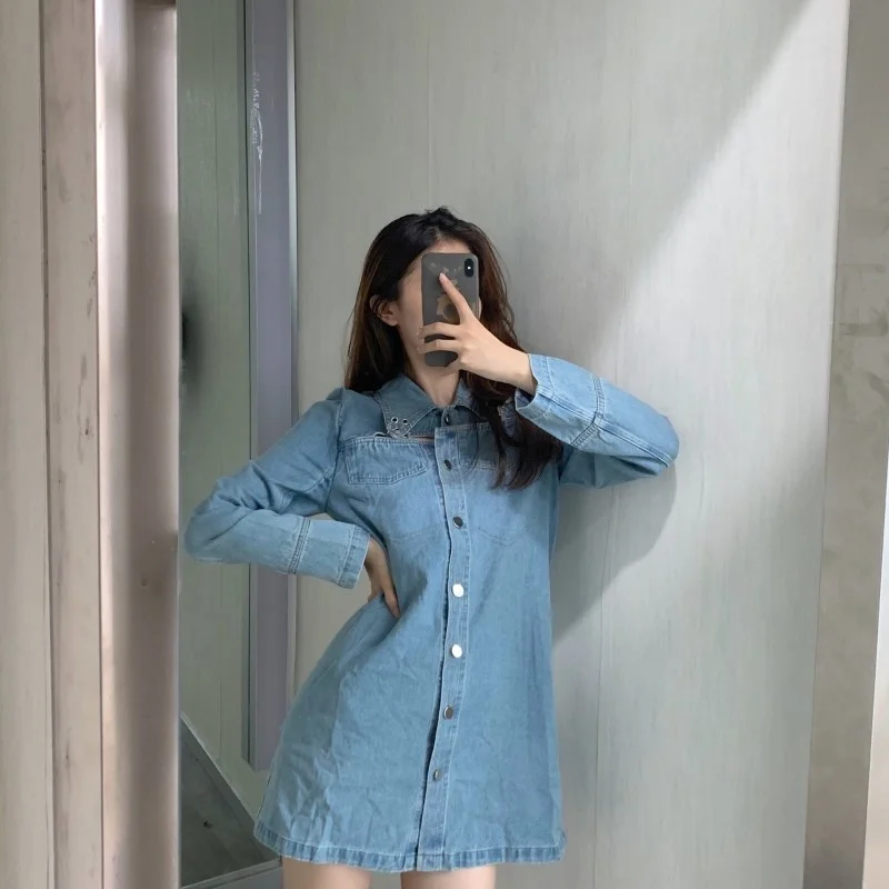 Long Autumn Sleeve Denim Dress Female Single Breasted Hollow Out Sexy Shirt Dress Fashion Casual Lapel Straight Short Dresses