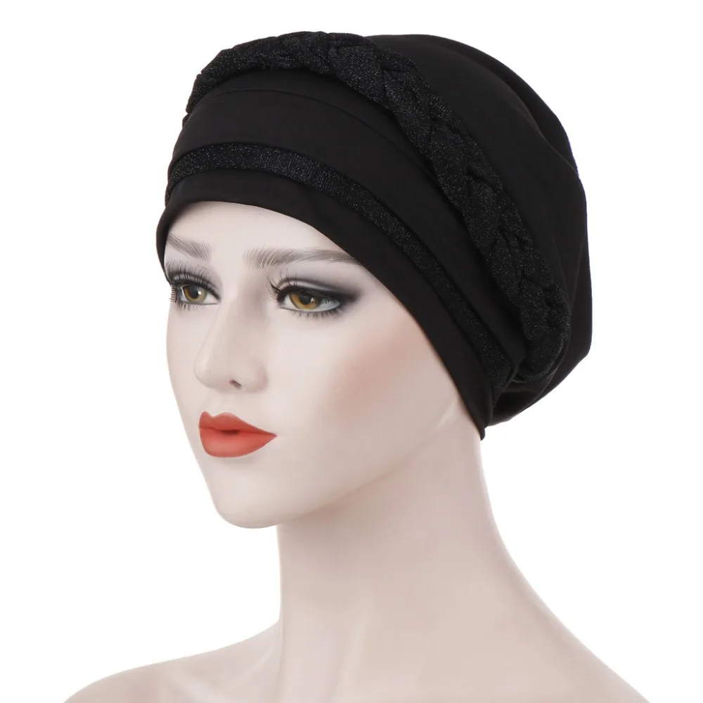 

Muslim Stretch Women Silk Bright Wire Braid Turban Hats Cancer Chemo Beanies Cap Hijab Headwear Headwrap Hair Loss Cover